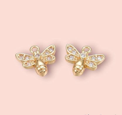 18K Gold Plated Bee Charm Huggies Hoop Cubic Zirconia Earrings dangly