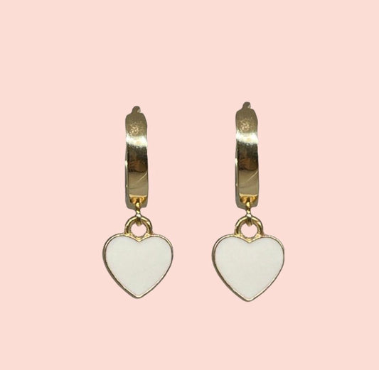 18K Gold Plated Heart Huggies Hoop Earrings - White & Gold