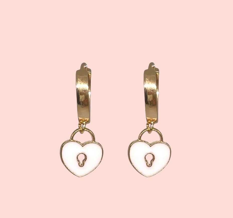 18K Gold Plated Heart Huggies Hoop Earrings - White Padlock charm