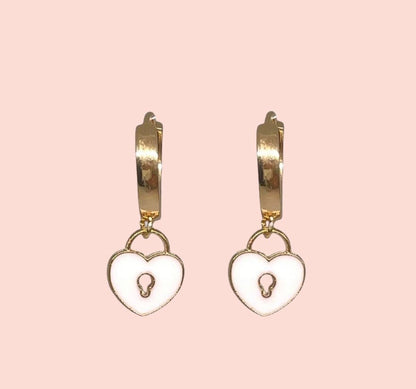 18K Gold Plated Heart Huggies Hoop Earrings - White Padlock charm