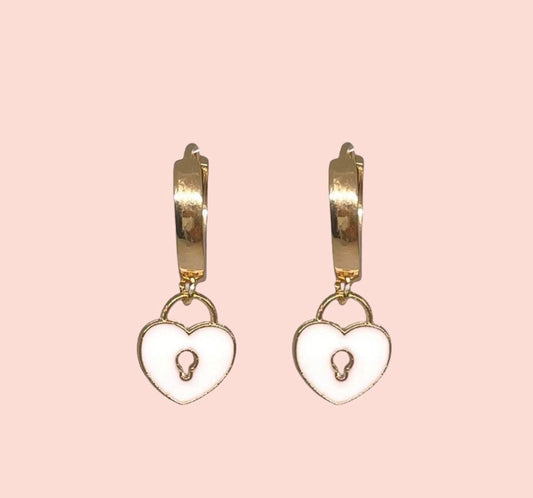 18K Gold Plated Heart Huggies Hoop Earrings - White Padlock charm