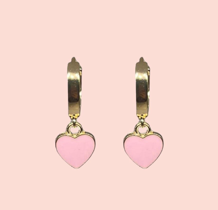 18K Gold Plated Heart Huggies Hoop Earrings with baby pink heart drop charm Barbie