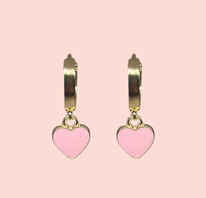 18K Gold Plated Heart Huggies Hoop Earrings with baby pink heart drop charm Barbie