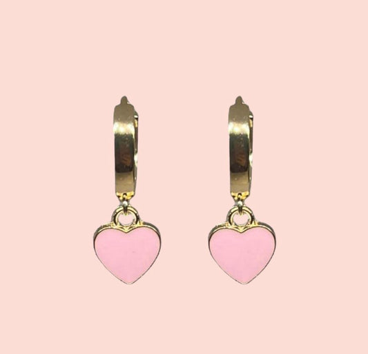 18K Gold Plated Heart Huggies Hoop Earrings with baby pink heart drop charm Barbie