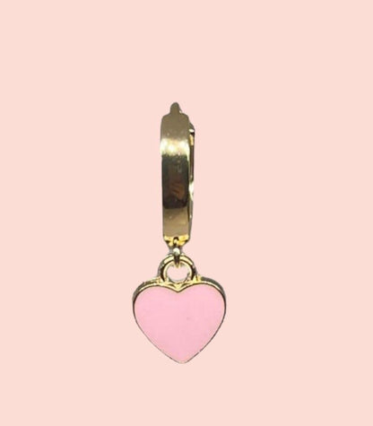 18K Gold Plated Heart Huggies Hoop Earrings with baby pink heart drop charm Barbie