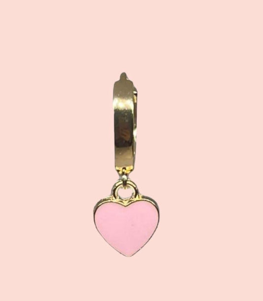 18K Gold Plated Heart Huggies Hoop Earrings with baby pink heart drop charm Barbie