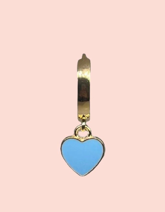 18K Gold Plated Huggies Hoop with powder blue enamel heart charm drop dangly earrings