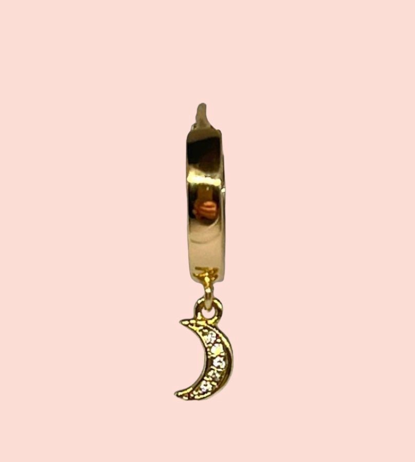 18K Gold Plated Huggies Hoop Earrings with cubic zirconia Moon dangly charm