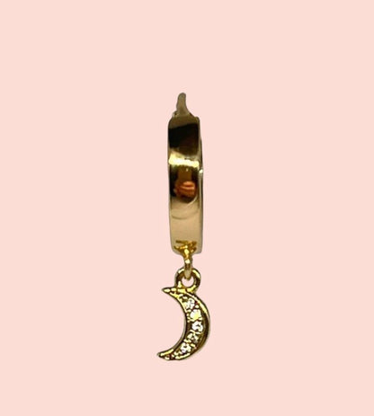 18K Gold Plated Huggies Hoop Earrings with cubic zirconia Moon dangly charm