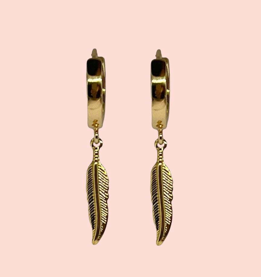 18K Gold Plated Huggies Hoop Feather charm Earrings dangly