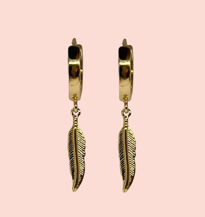 18K Gold Plated Huggies Hoop Feather charm Earrings dangly