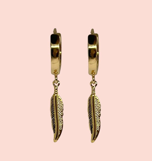 18K Gold Plated Huggies Hoop Feather charm Earrings dangly