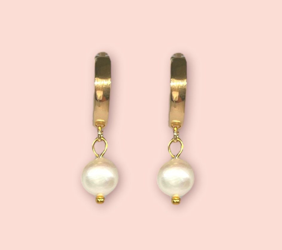 Classic 18K Gold Plated Huggies Hoop with Freshwater pearl drop Earrings Dangly