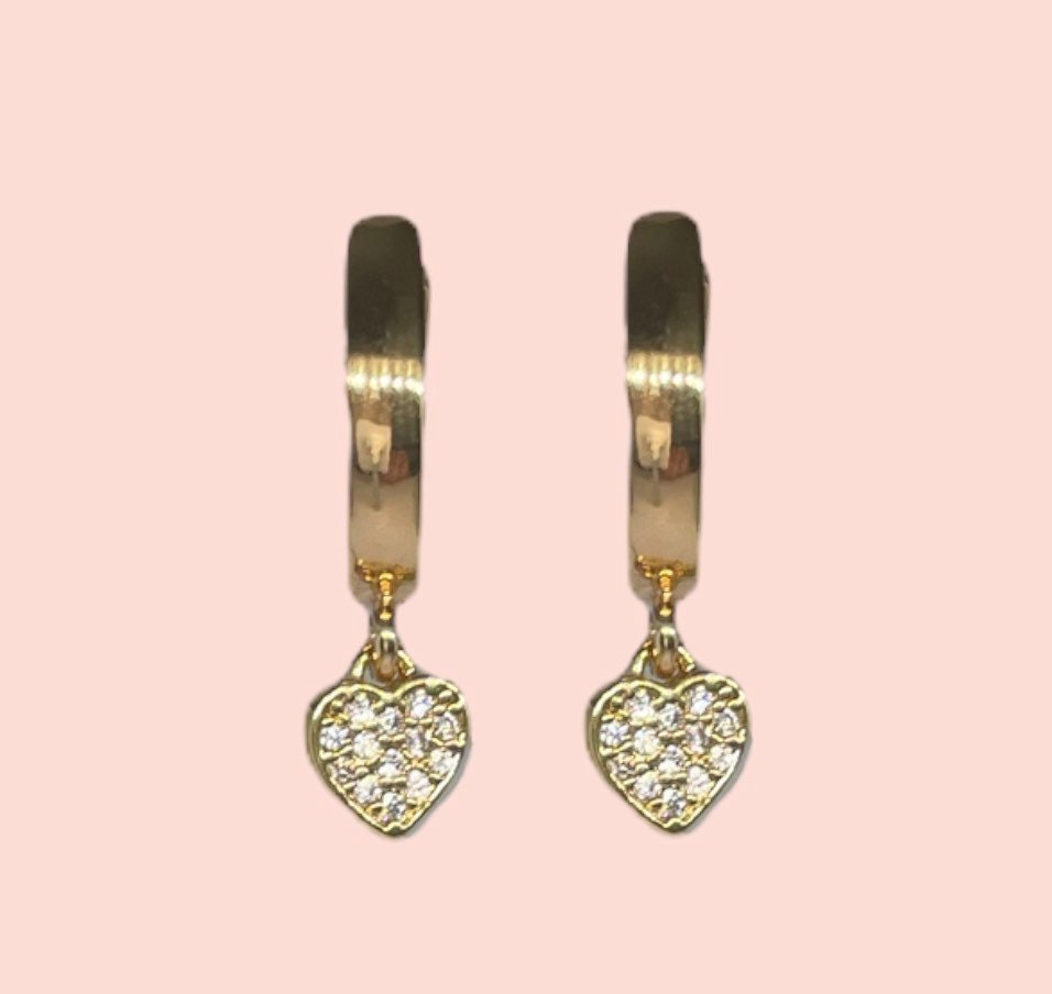 18K Gold Plated Heart Huggies Hoop Earrings set with cubic zirconia stones