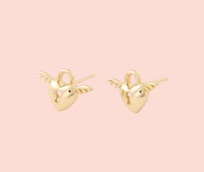 18K Gold Plated Heart Padlock Wings stud earrings