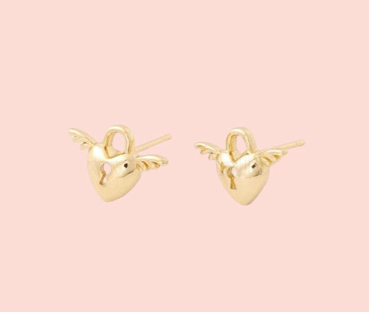 18K Gold Plated Heart Padlock Wings stud earrings