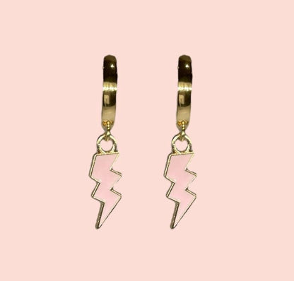 18K Gold Plated Lightning Bolt Huggies Hoop Earrings with baby pink lightning bolt drop charm *More colours available*