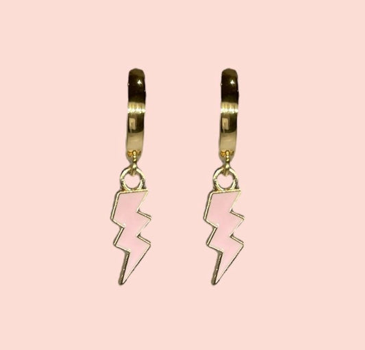 18K Gold Plated Lightning Bolt Huggies Hoop Earrings with baby pink lightning bolt drop charm *More colours available*