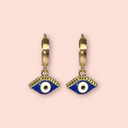 18K Gold Plated Evil Eye charm Heart Huggies Hoop Earrings