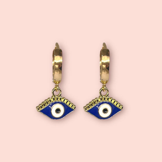 18K Gold Plated Evil Eye charm Heart Huggies Hoop Earrings