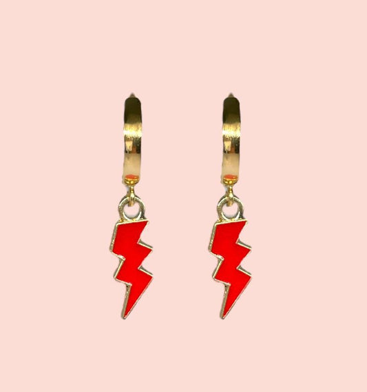 18K Gold Plated Lightning Bolt Huggies Hoop Earrings with Red lightning bolt drop charm *More colours available*