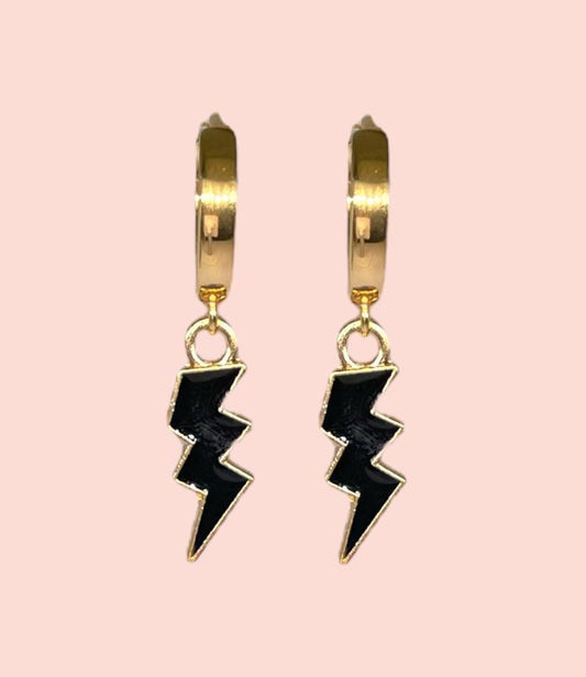 18K Gold Plated Lightning Bolt Huggies Hoop Earrings with Black lightning bolt drop charm *More colours available*