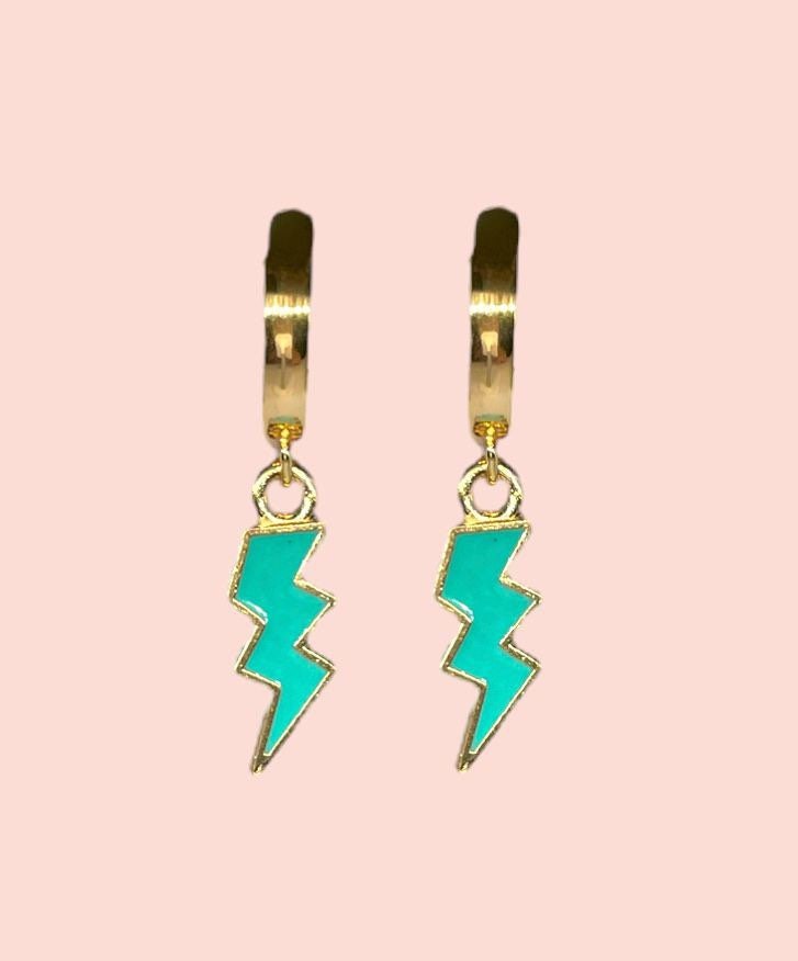 18K Gold Plated Lightning Bolt Huggies Hoop Earrings with Teal blue green aqua lightning bolt drop charm *More colours available*