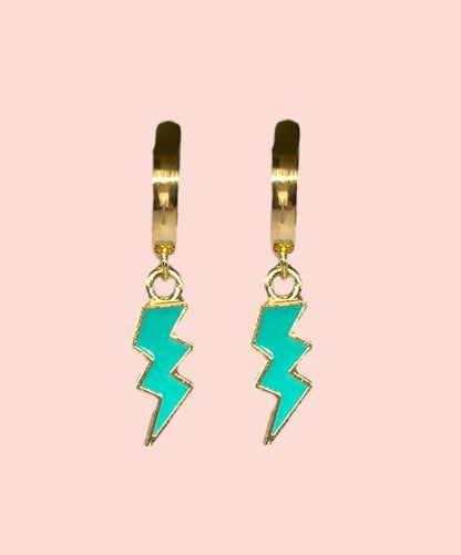 18K Gold Plated Lightning Bolt Huggies Hoop Earrings with Teal blue green aqua lightning bolt drop charm *More colours available*