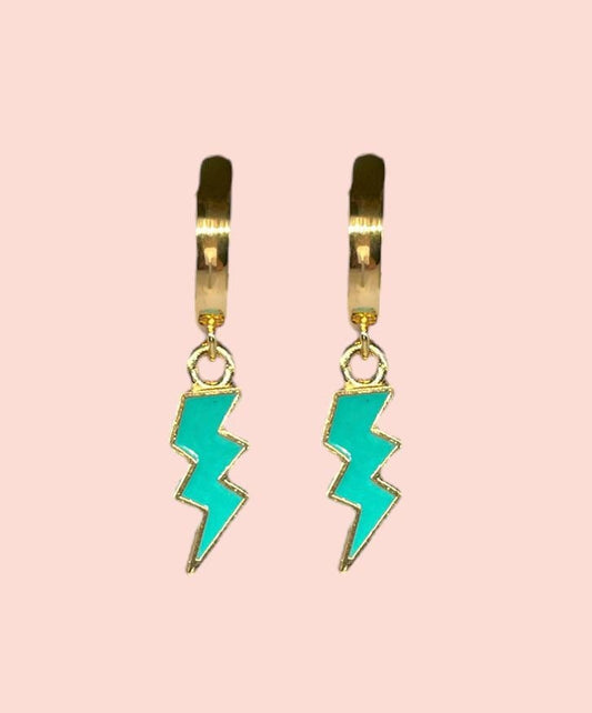 18K Gold Plated Lightning Bolt Huggies Hoop Earrings with Teal blue green aqua lightning bolt drop charm *More colours available*
