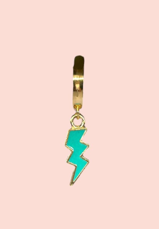 18K Gold Plated Lightning Bolt Huggies Hoop Earrings with Teal blue green aqua lightning bolt drop charm *More colours available*