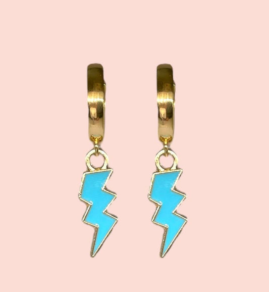 18K Gold Plated Lightning Bolt Huggies Hoop Earrings with Blue lightning bolt drop charm *More colours available*