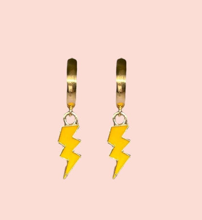 18K Gold Plated Lightning Bolt Huggies Hoop Earrings with yellow lightning bolt drop charm *More colours available*