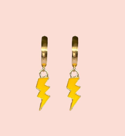 18K Gold Plated Lightning Bolt Huggies Hoop Earrings with yellow lightning bolt drop charm *More colours available*