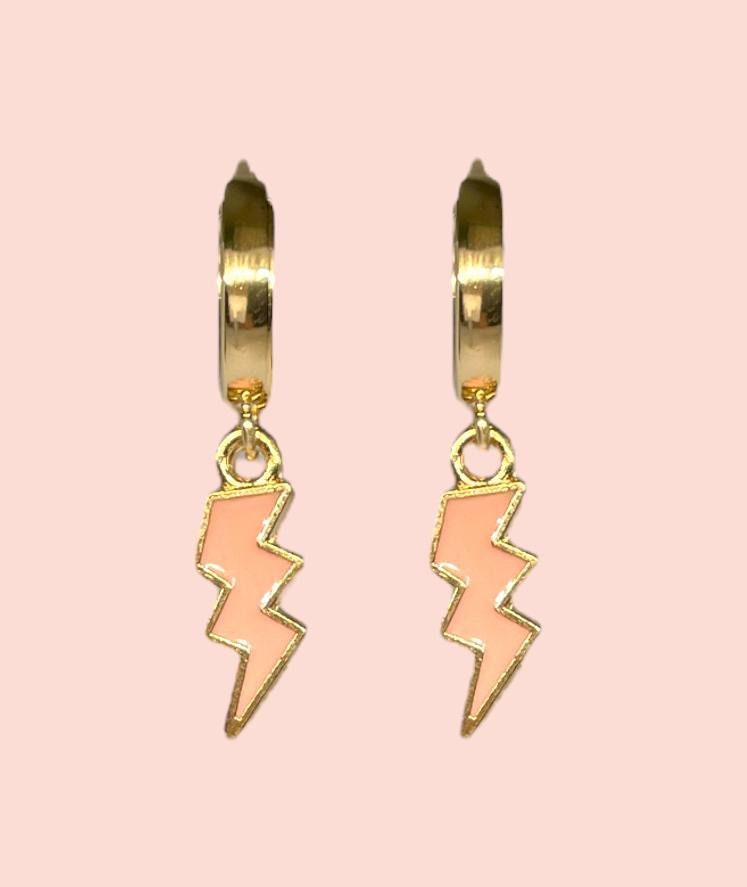 18K Gold Plated Lightning Bolt Huggies Hoop Earrings with Peach lightning bolt drop charm *More colours available*