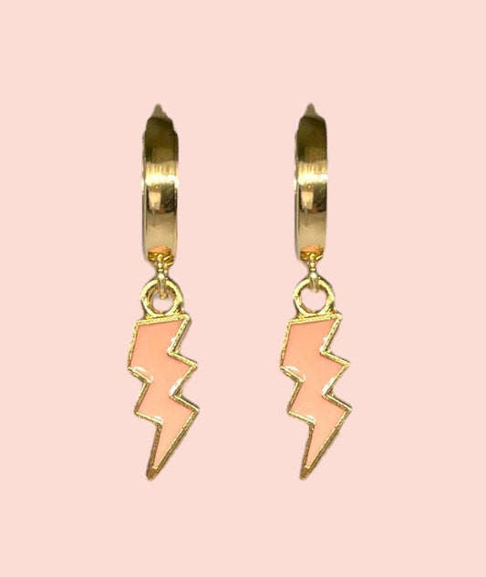 18K Gold Plated Lightning Bolt Huggies Hoop Earrings with Peach lightning bolt drop charm *More colours available*