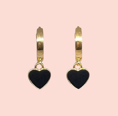 18K Gold Plated Heart Huggies Hoop Earrings - Black & Gold