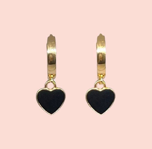 18K Gold Plated Heart Huggies Hoop Earrings - Black & Gold