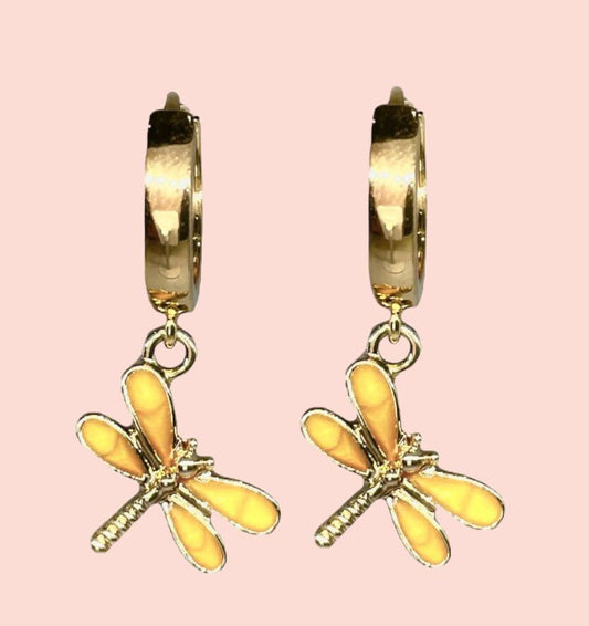 18K Gold Plated Gold Yellow dragonfly Huggies Hoop Earrings