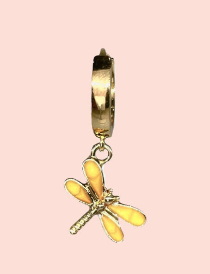 18K Gold Plated Gold Yellow dragonfly Huggies Hoop Earrings