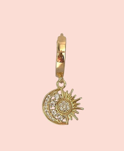 18K Gold Plated Huggies hoop Sun & Moon charm Earrings dangly