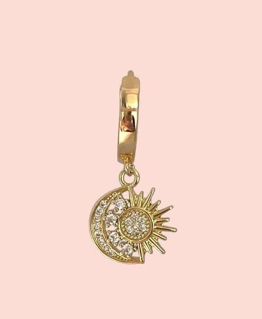 18K Gold Plated Huggies hoop Sun & Moon charm Earrings dangly