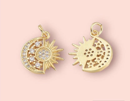 18K Gold Plated Huggies hoop Sun & Moon charm Earrings dangly