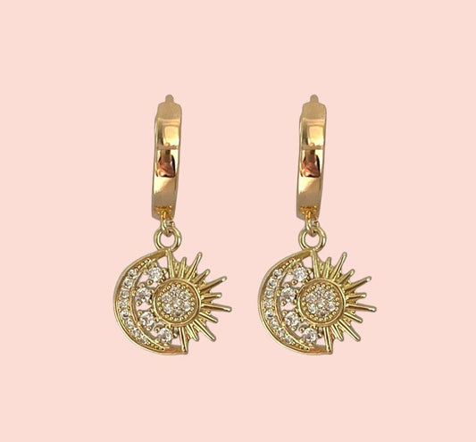 18K Gold Plated Huggies hoop Sun & Moon charm Earrings dangly