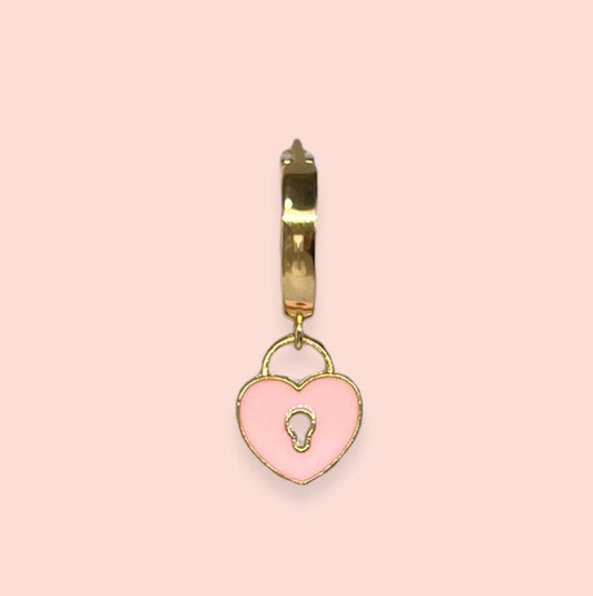 18K Gold Plated Heart Huggies Hoop Earrings - Pink or Green Padlock charm