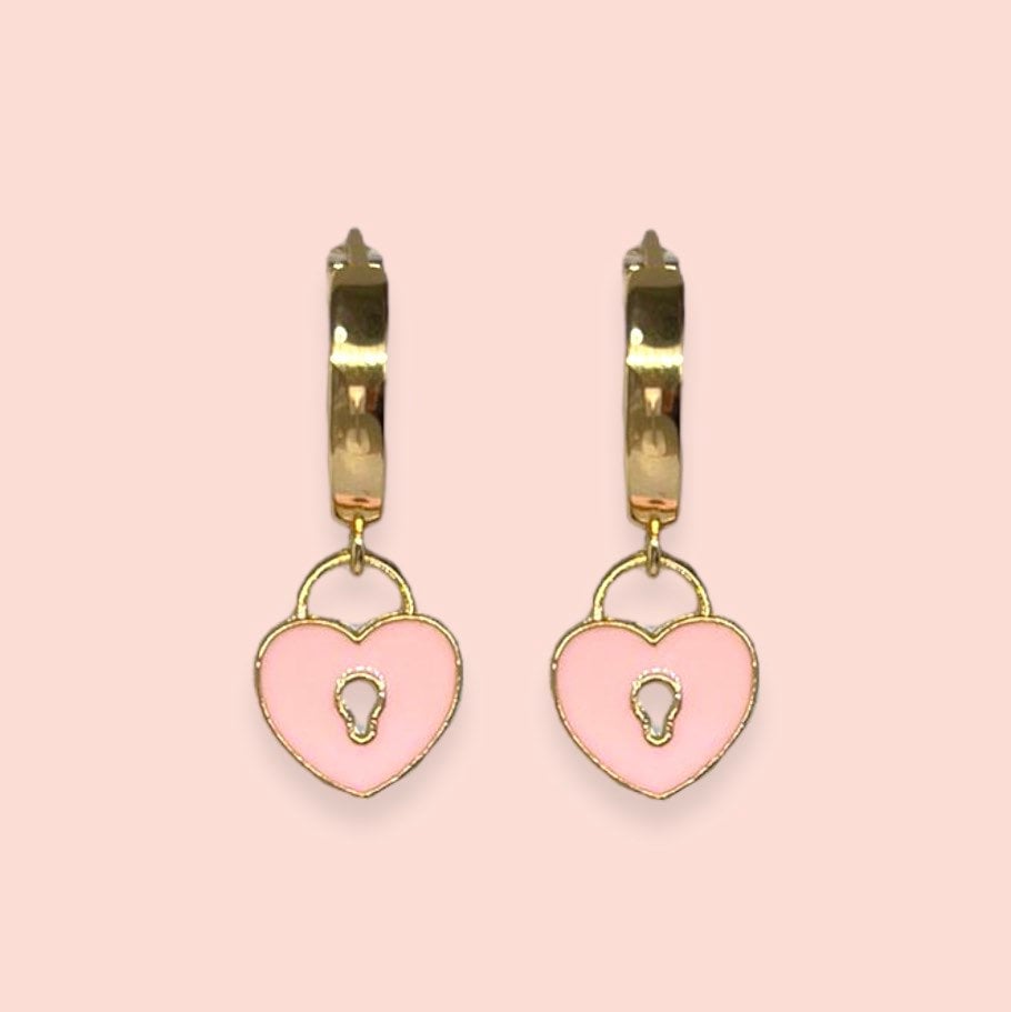 18K Gold Plated Heart Huggies Hoop Earrings - Pink or Green Padlock charm