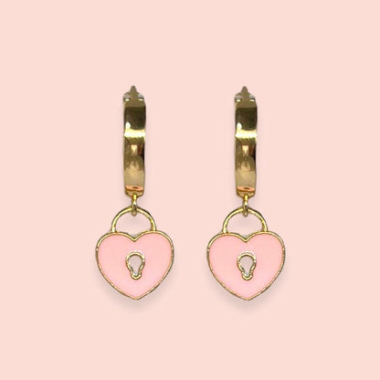 18K Gold Plated Heart Huggies Hoop Earrings - Pink or Green Padlock charm