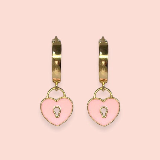 18K Gold Plated Heart Huggies Hoop Earrings - Pink or Green Padlock charm
