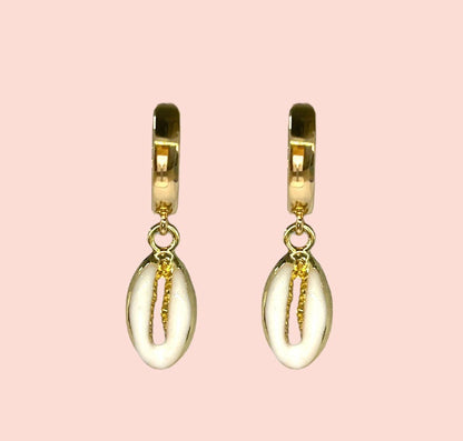 18K Gold Plated Cowrie white & gold shell charm Heart Huggies Hoop Earrings beach summer ocean
