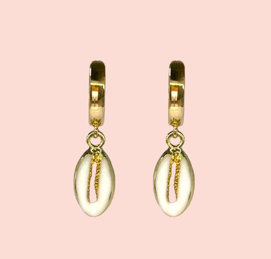 18K Gold Plated Cowrie white & gold shell charm Heart Huggies Hoop Earrings beach summer ocean