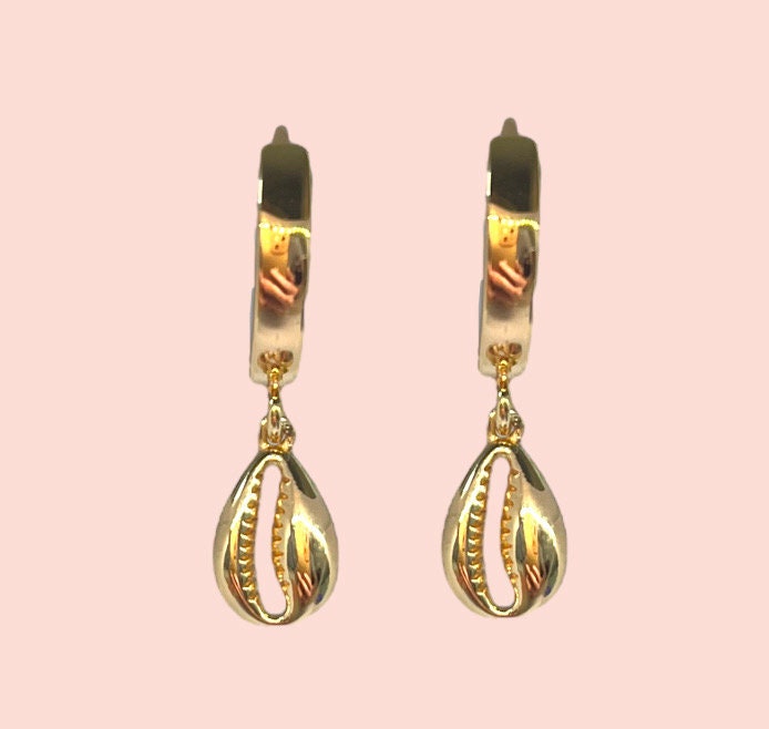 18K Gold Plated Cowrie shell charm Heart Huggies Hoop Earrings beach summer ocean